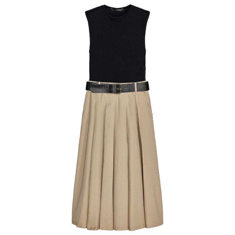 2025 New Pleated Skirt Elegant with Padded Shoulder Patchwork Round Neck Sleeveless Dress Silm Slim Looking 0387052