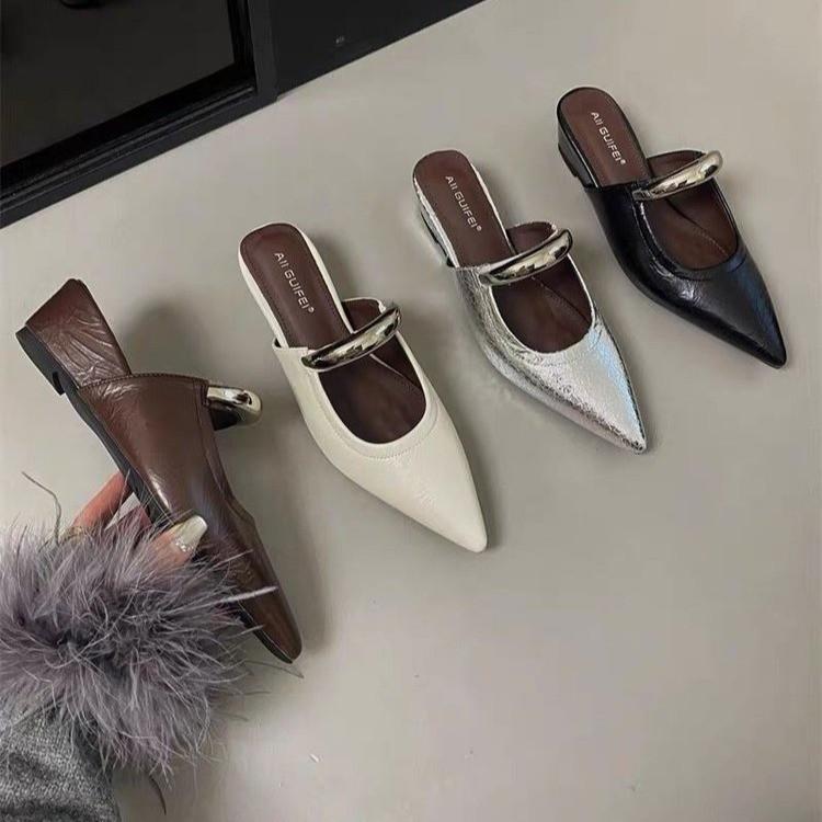 Müller's New Metal Buckle French Retro Slippers Women's Outer Wear Pointed Tip Will Increase by Half a Drag Within 2025 Mary Jane Wedge Heel
