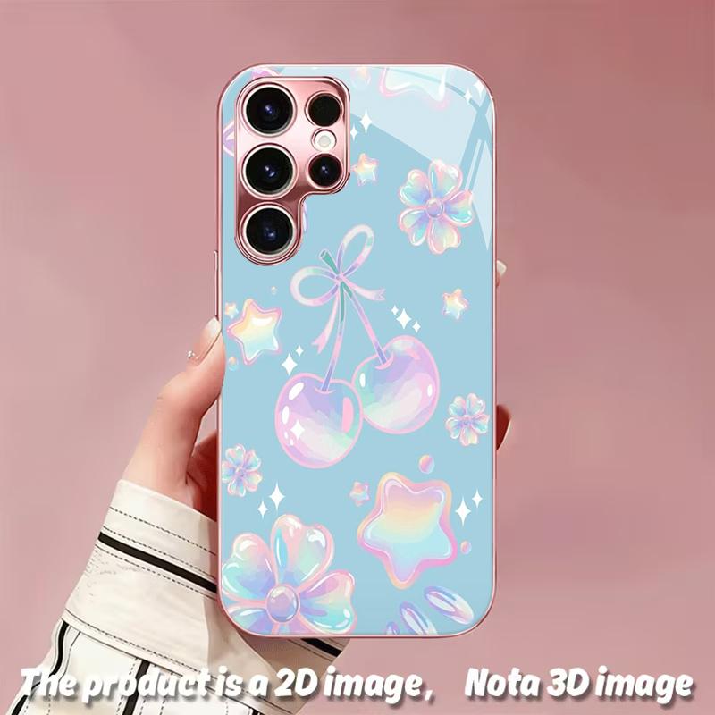 2DFlat Samsung electroplated tempered glass phone case,Pastel Stars and Cherries DesignSuitable for Galaxy S26 S23 S24FE S25ULTRA S22 S21