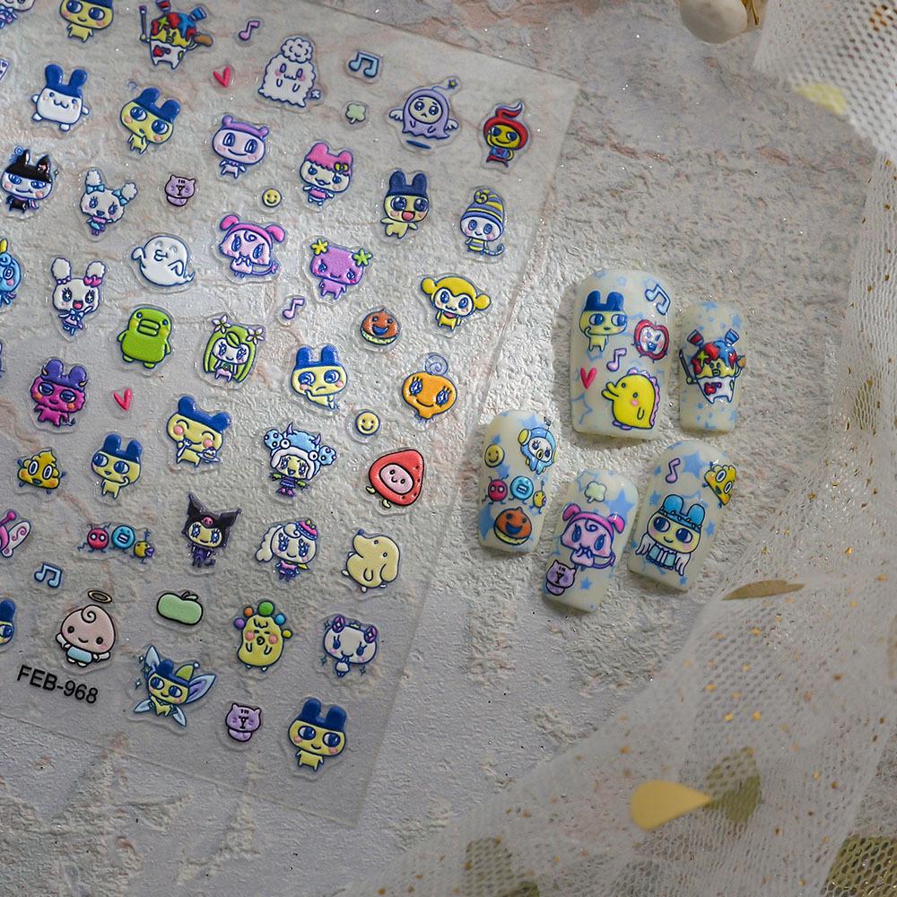 Japanese Retro Tamagotchi 3D Nail Art & Device Stickers - Cute Cartoon Embossed Decals