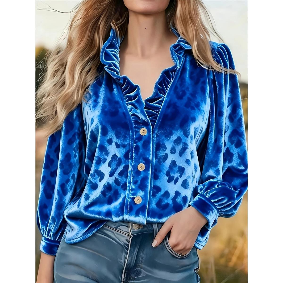 Haut Chemise Casual Décontracté pour Femme en Velours Imprimé Léopard à Revers Volanté, Boutonnée, Manches Longues Bouffantes XXL bleu