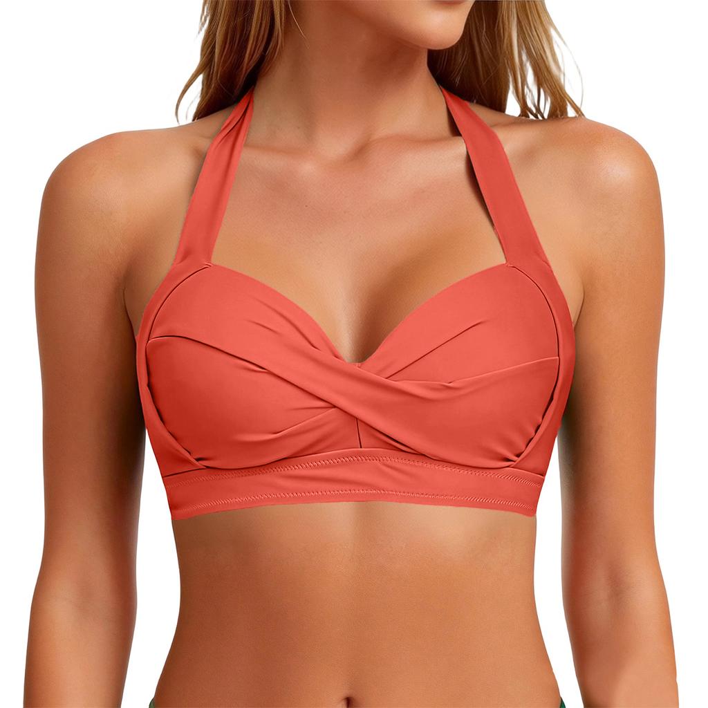 Women Neck Bikini Top Front Padded Swimwear Adjustable Back Strap Supportive Bathing Suit Top