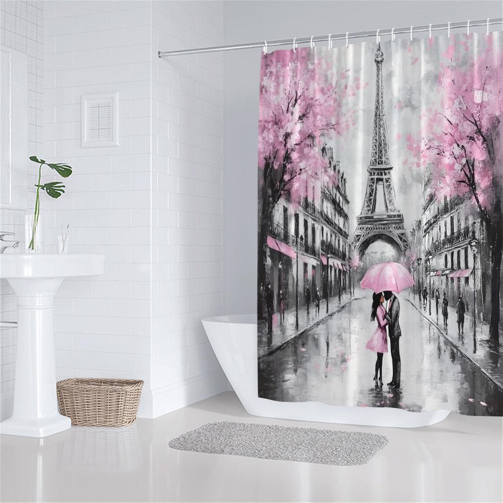 Rideau de douche parisien romantique - Fleurs de cerisier, Tour Eiffel, Couple des années 1940, Parapluie rose, Décor de salle de bain nostalgique,