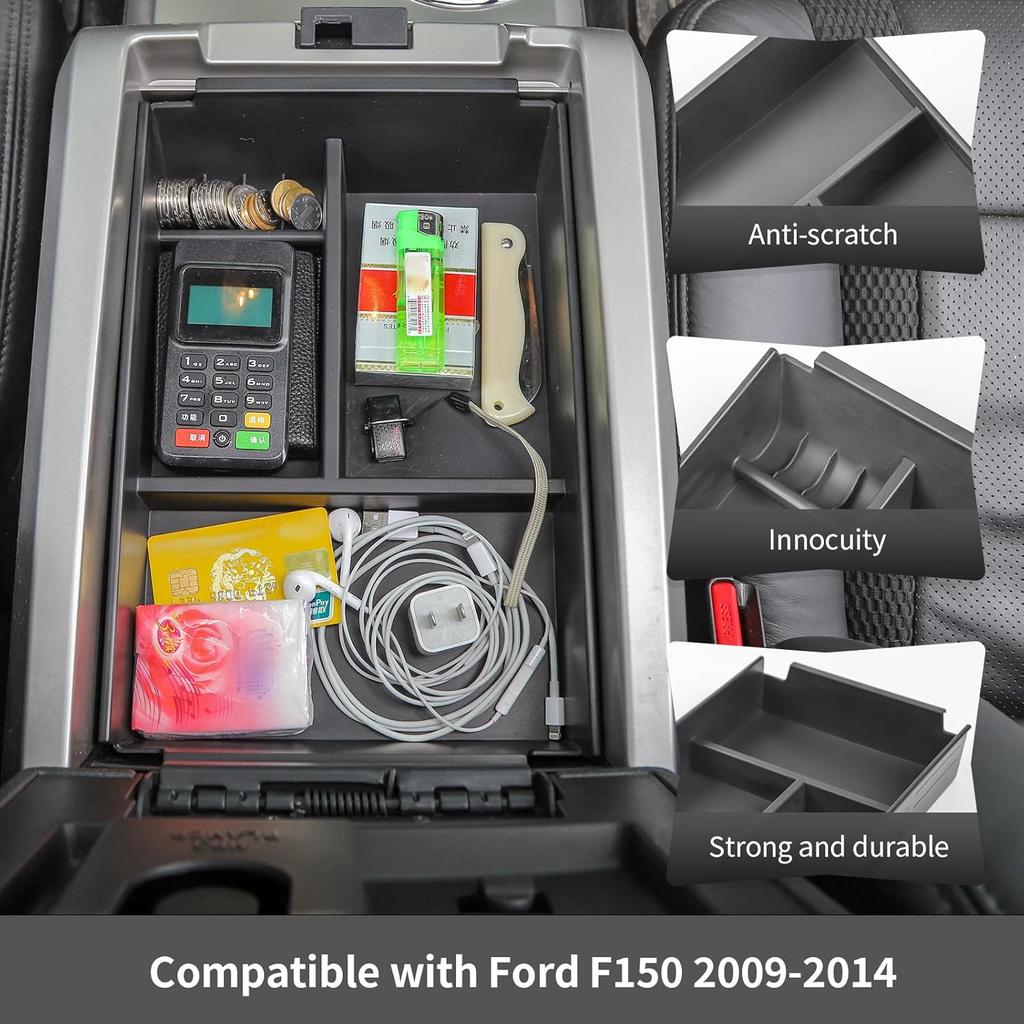 CheroCar Center Console Armrest Box Organizer Tray Interior Storage Box Compatible with Ford F150 2009 2010 2011 2012 2013 2014,Exterior Accessories