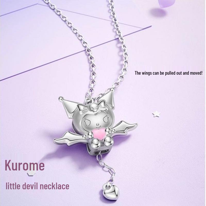 Kuromi Cupid's Heart Necklace for Women: Sweet Cartoon Style with Wings Chain