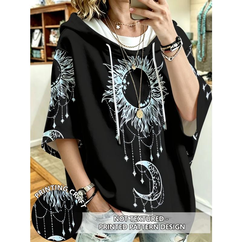 Plus Size Women's Hooded Top Retro Moon Sun Star Print Loose Dropped Shoulder Hoodie