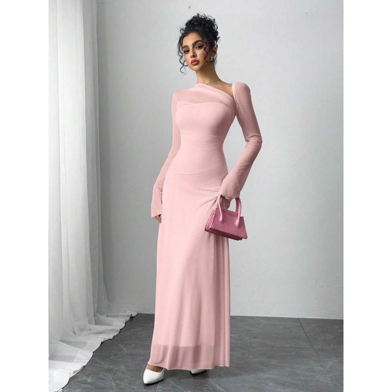 Europe, America 2026 summer new asymmetrical neckline long sleeve elegant fashion temperament dress women