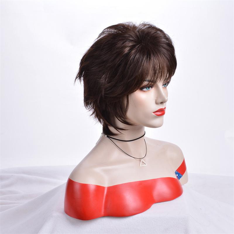 Short Brown Wigs for Women Synthetic Fiber Hair Fake Wig with Bangs Mommy Wig Hair Replacement Wigs Long Hair Ends Daily Use