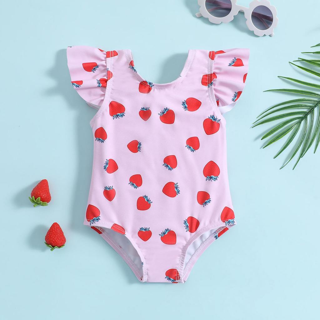 Strawberry Print Backless Bowknot Girls One-Piece Swimsuit