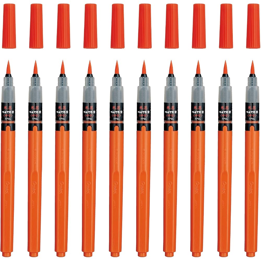 Pentel brush pen, red ink, medium character, 10 pens, XFP9L (10)
