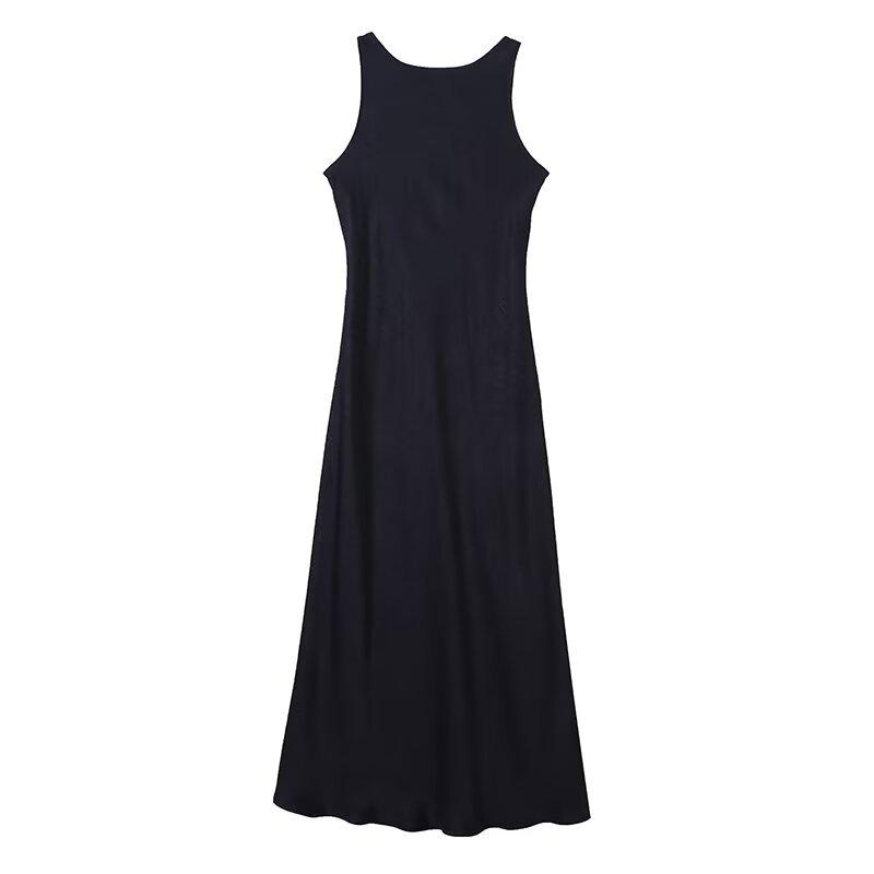 European and American style, new women's clothing, foreign style French minimalist temperament round neck sleeveless backless dress