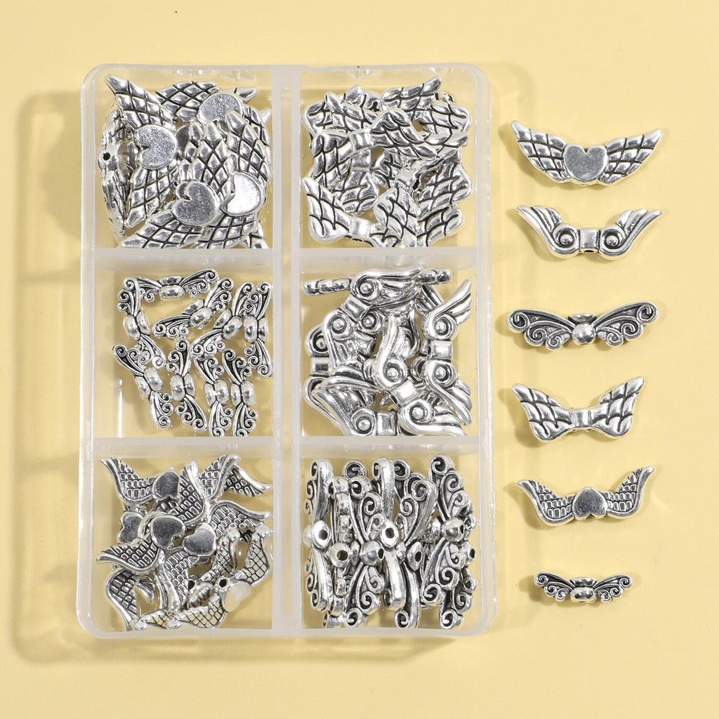 1 Box 6 Styles Wing Beads Angel Fairy Wings Charm Alloy Spacer Bead Antique Silver for Jewelry Making Xmas DIY Crafts
