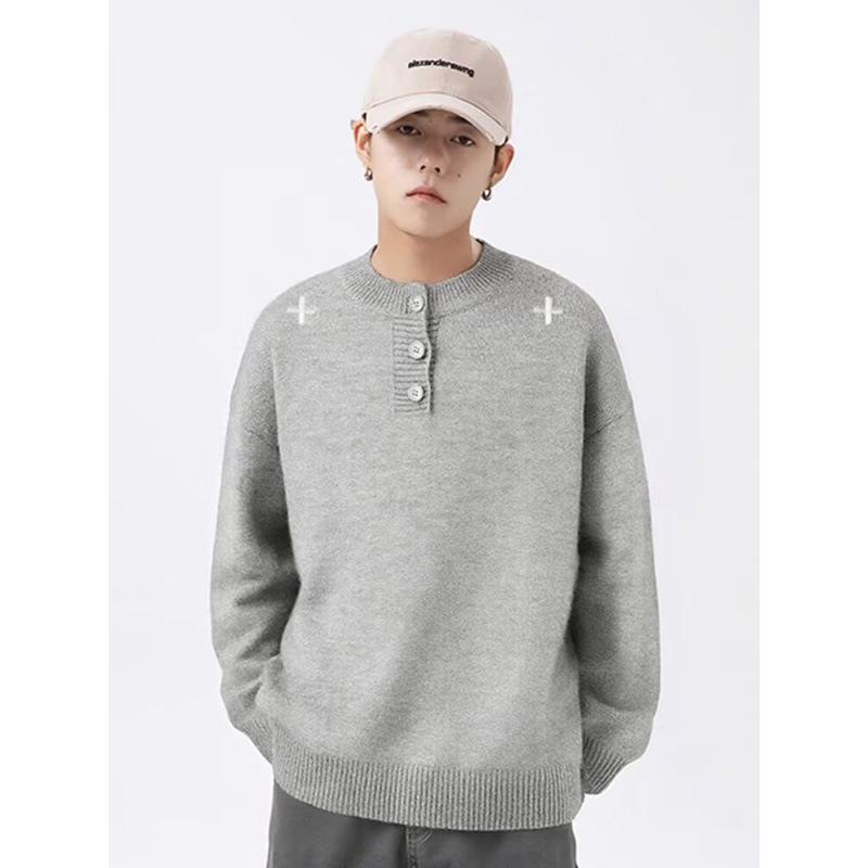 Men's Korean Style Grey Henley Knit Sweater, Long-Sleeve, Round Neck, Winter 2026 Edition