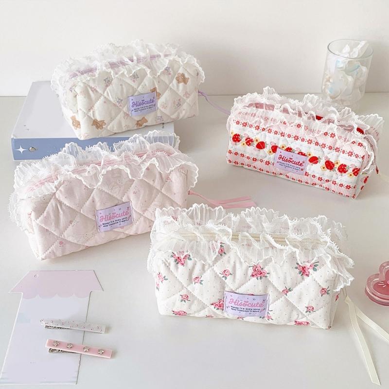 Quilted Pencil Pouch Bag Zippers Pen Case with Lace Trim, Stationeries Organizers for Students, Desk and School Bag Carry
