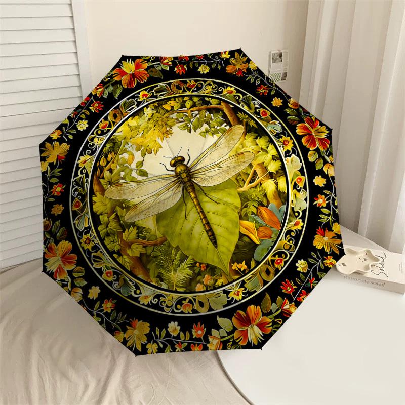 

1PC Dragonfly Floral Umbrella-8-Rib Reinforced, Automatic Open, Lightweight & Durable, Cute Fashion Accessory for Outdoor, Beach or Casual Use, Beach