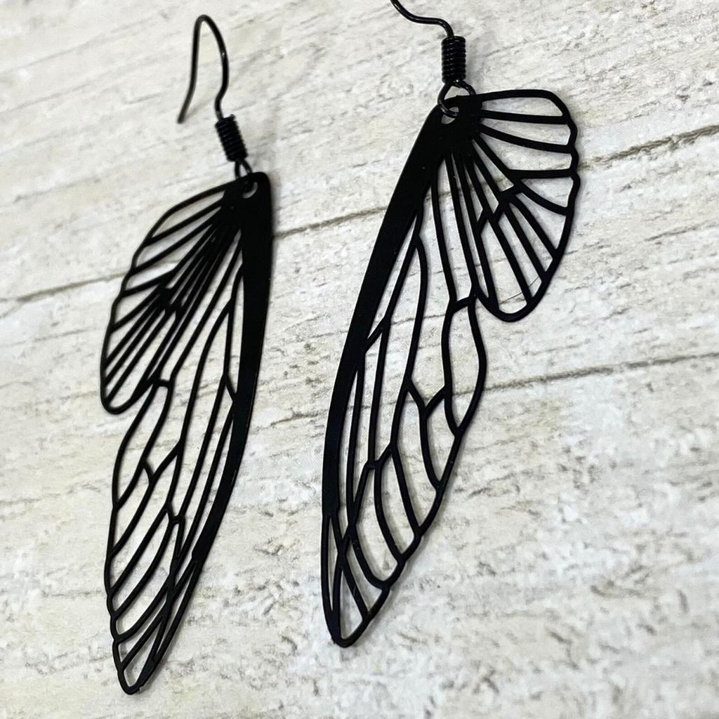 Gotiske Svarte Sommerfugl Øredobber, Dingleøredobber med Alvevinger, Fantasy Magisk Statement Smykke for Kvinner