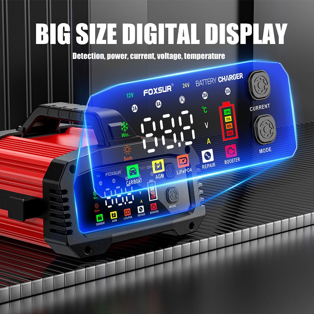 Car Battery Charger 25A/15A Intelligent Pulse Repair for 12V/24V Motor Lead Acid LiFePo4 Batteries Booster Mode Auto Supplies