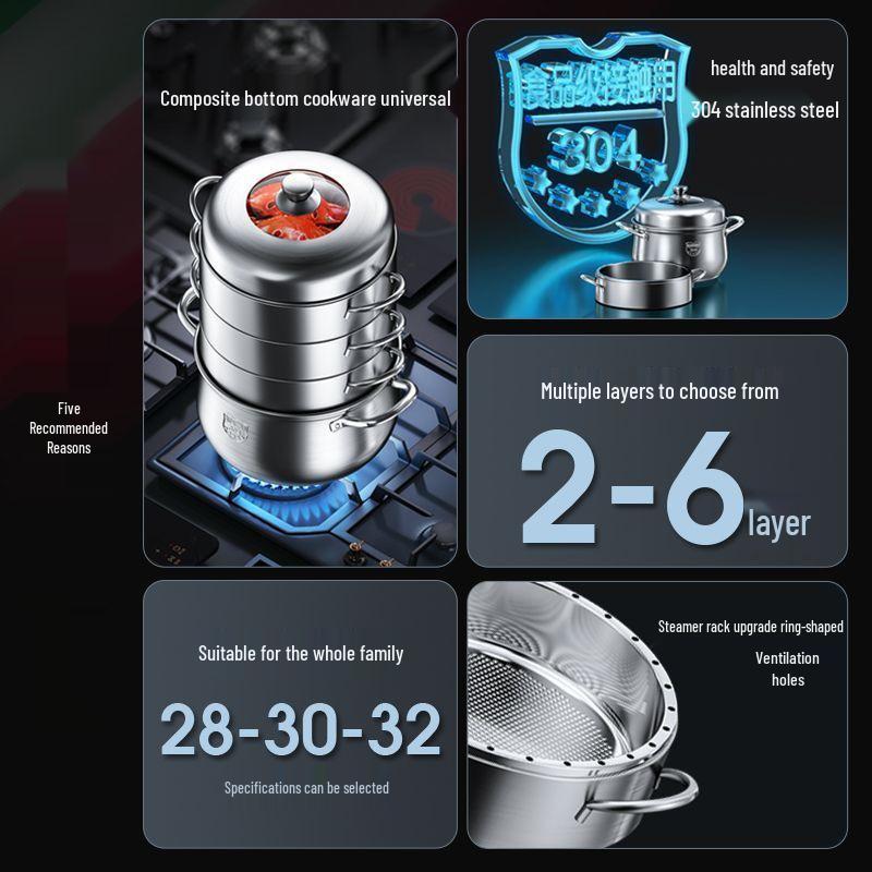 304 Stainless Steel Energy-Saving 4-Layer No-Flavor-Transfer Induction Steamer