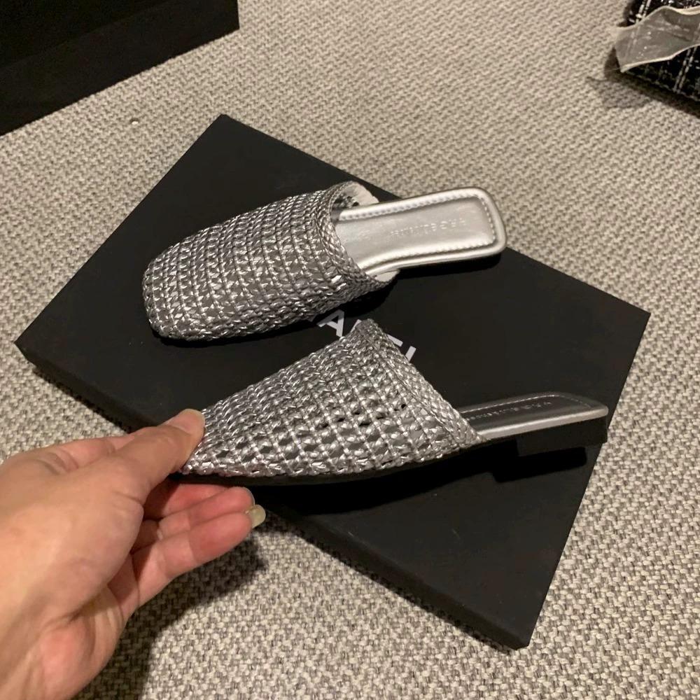 Silver Outer Wear Hollow Woven Bag Head Half Slippers Women's Summer New Versatile Flat Bottom Cool Slippers