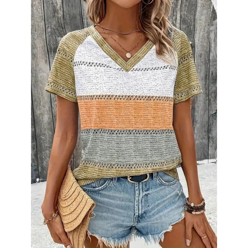 Summer Women Short Sleeve V-Neck Plus Size T Shirt For Women Fashion Ladies T-Shirt  Retro Striped Print Tops Casual Clothes