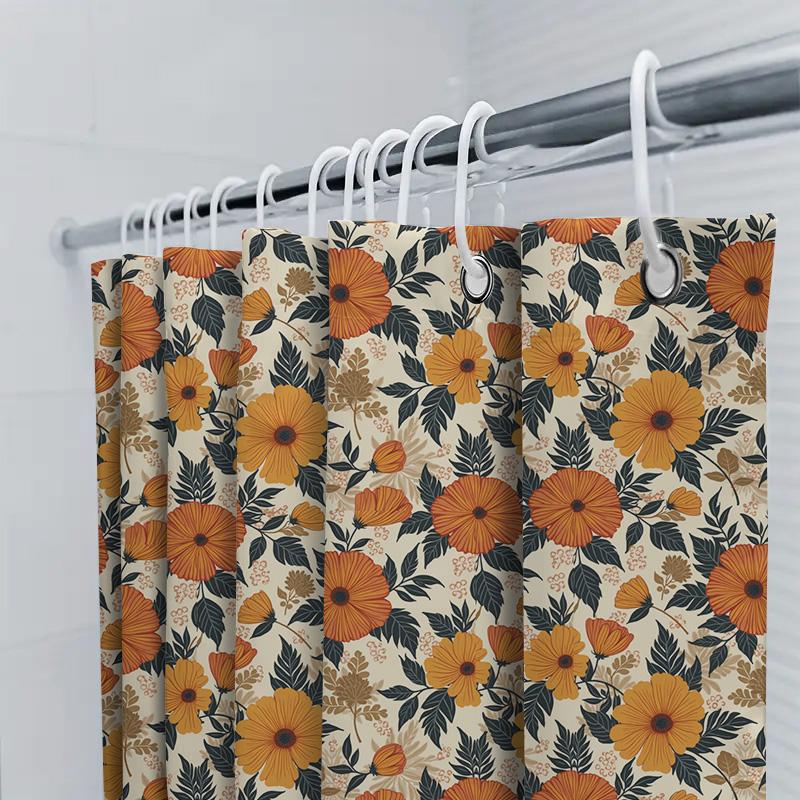 Modern Floral Shower Curtain Orange Flowers Green Leaves Decorative Bathroom Liner For Kids Bathrooms 72 X 39 (180Cm X 99Cm) [Bl