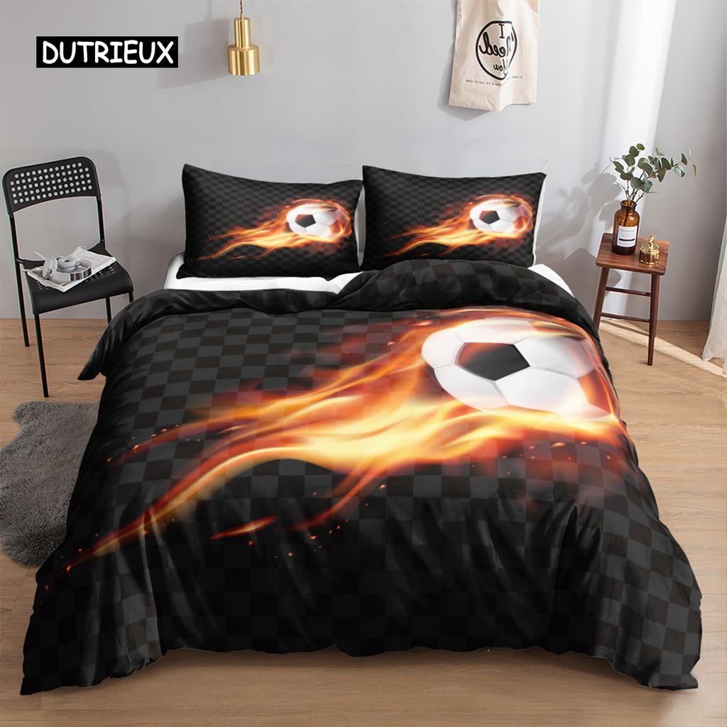 Football Duvet Cover Set 3D Football with Fire Teen Bedding Sets Boys Sports Twin Double Queen King Size Polyester Qulit Cover