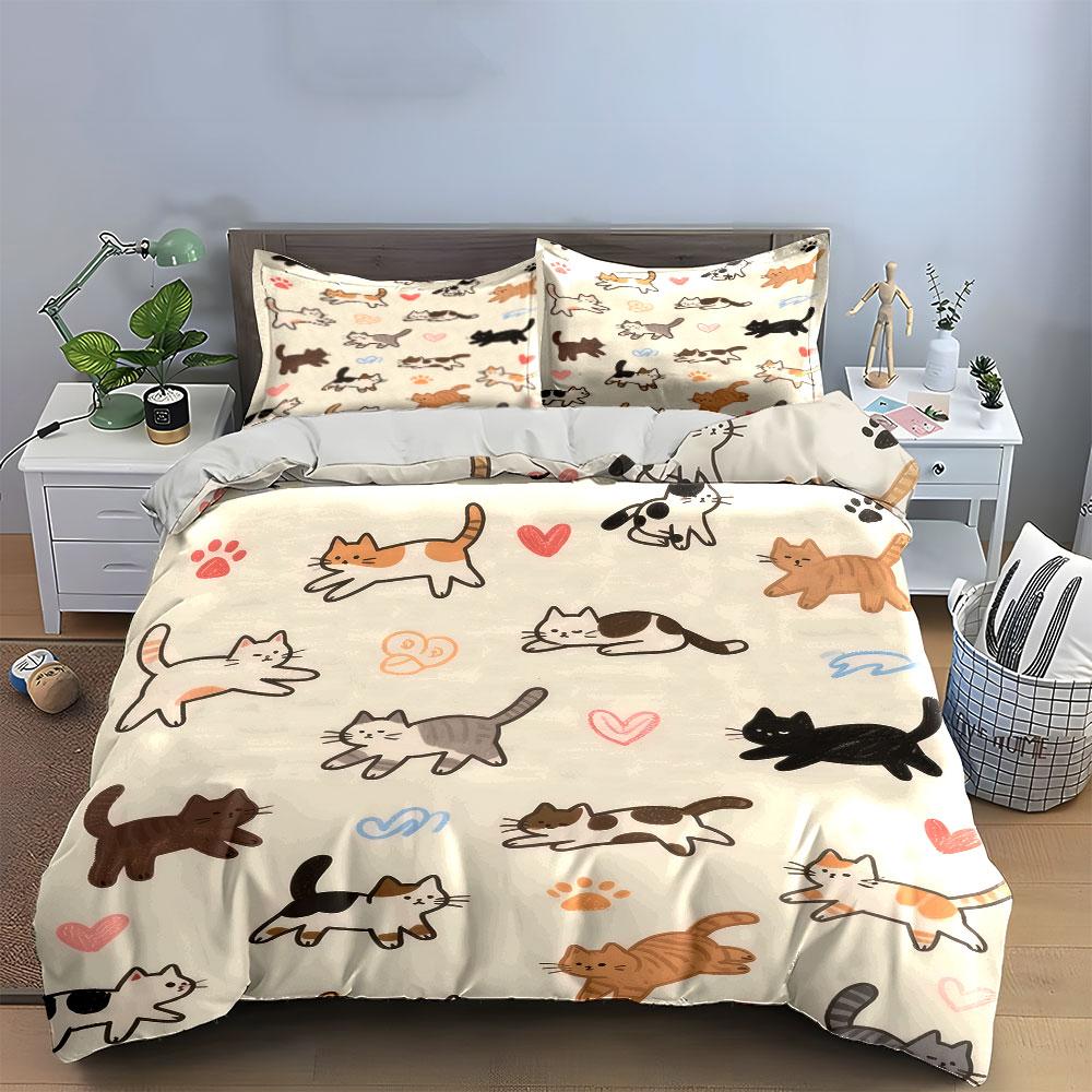 Cute Cat Pattern Decorative Set Bedding Set With 1 Duvet Cover 2 Pillowcases Single Double King Queen, Gift