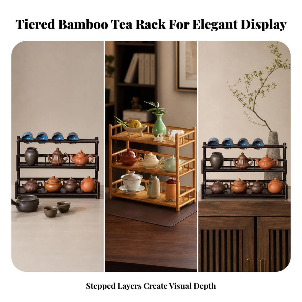 Bamboo Tea Cup Rack Tiered Teapot Display Stand Wooden Set