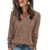 Women Long Sleeve V Neck Ribbed Casual Loose Fit T Shirt