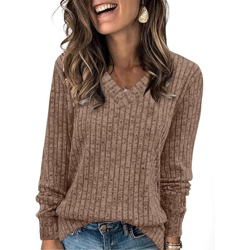 Women Long Sleeve V Neck Ribbed Casual Loose Fit T Shirt