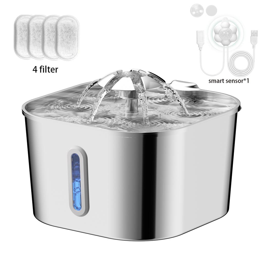 2.2L/74OZ Automatic Cat Fountain Stainless Steel Pet Water Dispenser Silent Water Pump Circulation Filtering Visual Window
