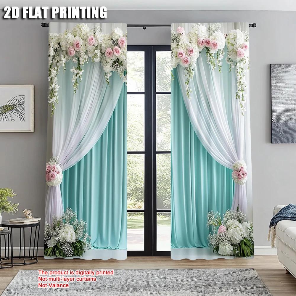 2pcs   Light Filtering Curtains  print Elegant Green and White Curtain Fabric (without rod) Thermal Insulation   and Room