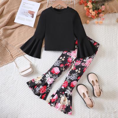 Children's Clothing New Spring and Autumn Girls' Floral Bell-Bottom Pants Set