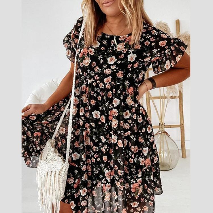 

Flowers Print Casual Loose Short Sleeve All-match Women Dress XL чёрный
