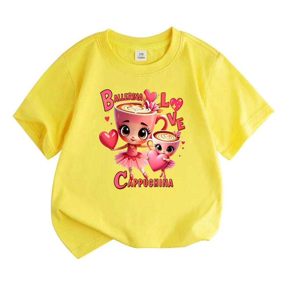 Kids Boys Girls 100% Cotton Crew Neck Short Sleeve T-Shirt, Cute Cappuccino Cup Ballerina Love Heart Print Casual Soft Tee for Daily Wear