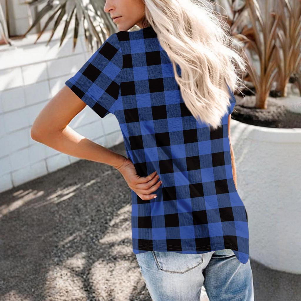 Women's Fashionable Casual Summer Plaid Print V-neck Button Short-sleeved Top