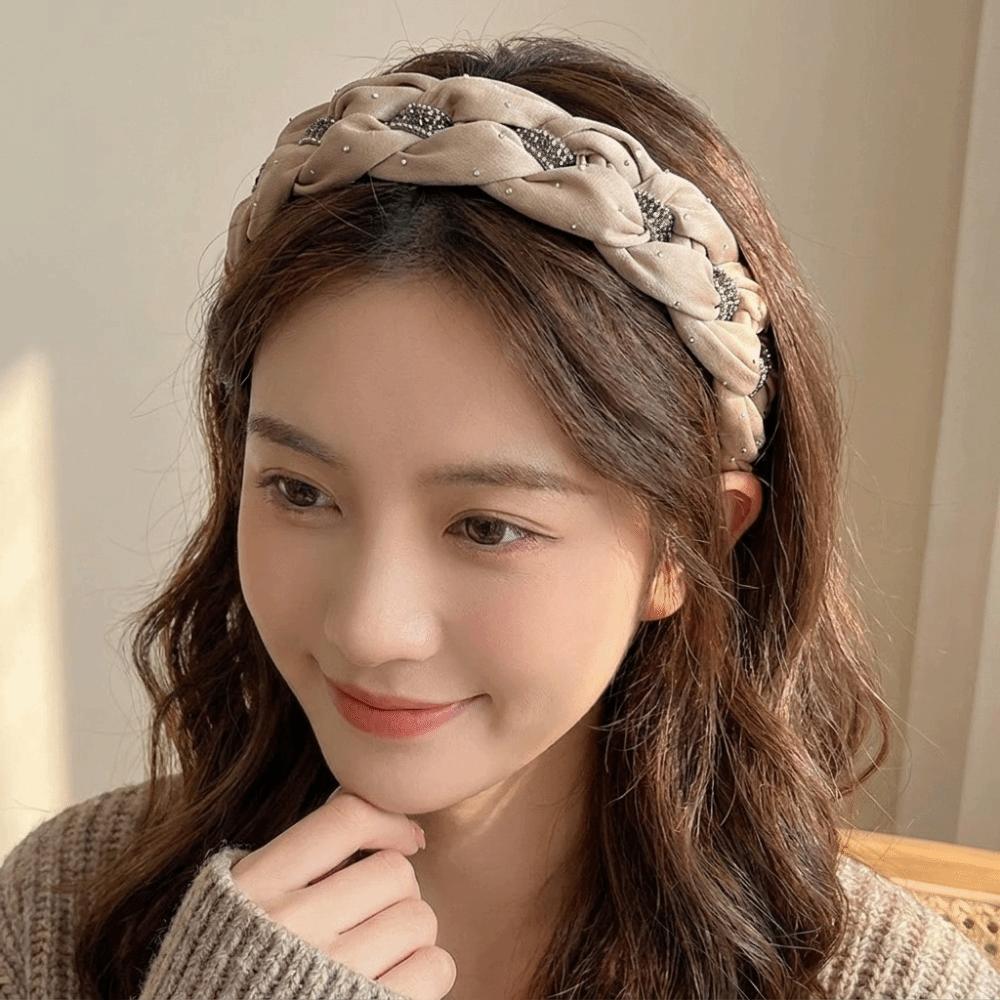 Twisted Knotted High Cranial Hair Hoop Wide Brim Braided Hairband Chic Rhinestone Headband Makeup