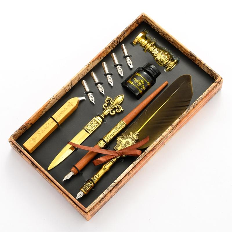 European Style Alloy Vintage Feather Pen Set Fountain Dip Feather Pen Set