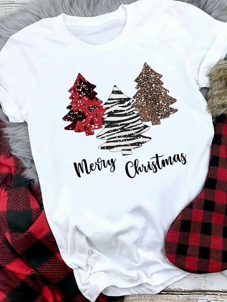 (Asian Size) Tree Lovely Letter Style Women Holiday Print Tee Top Festival Merry Christmas New Year Casual  Lady Short Sleeve Fashion Graphic T-shirts