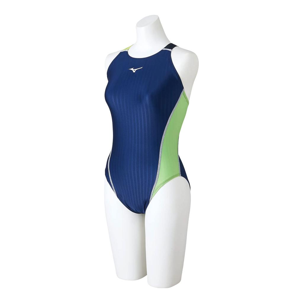 Mizuno Stream Ace Size FINA Swimming Size Size 83 Challenge Women's Low-Cut Swimsuit, Navy/Lime, S, (International Federation) Approved, N2MA2740,