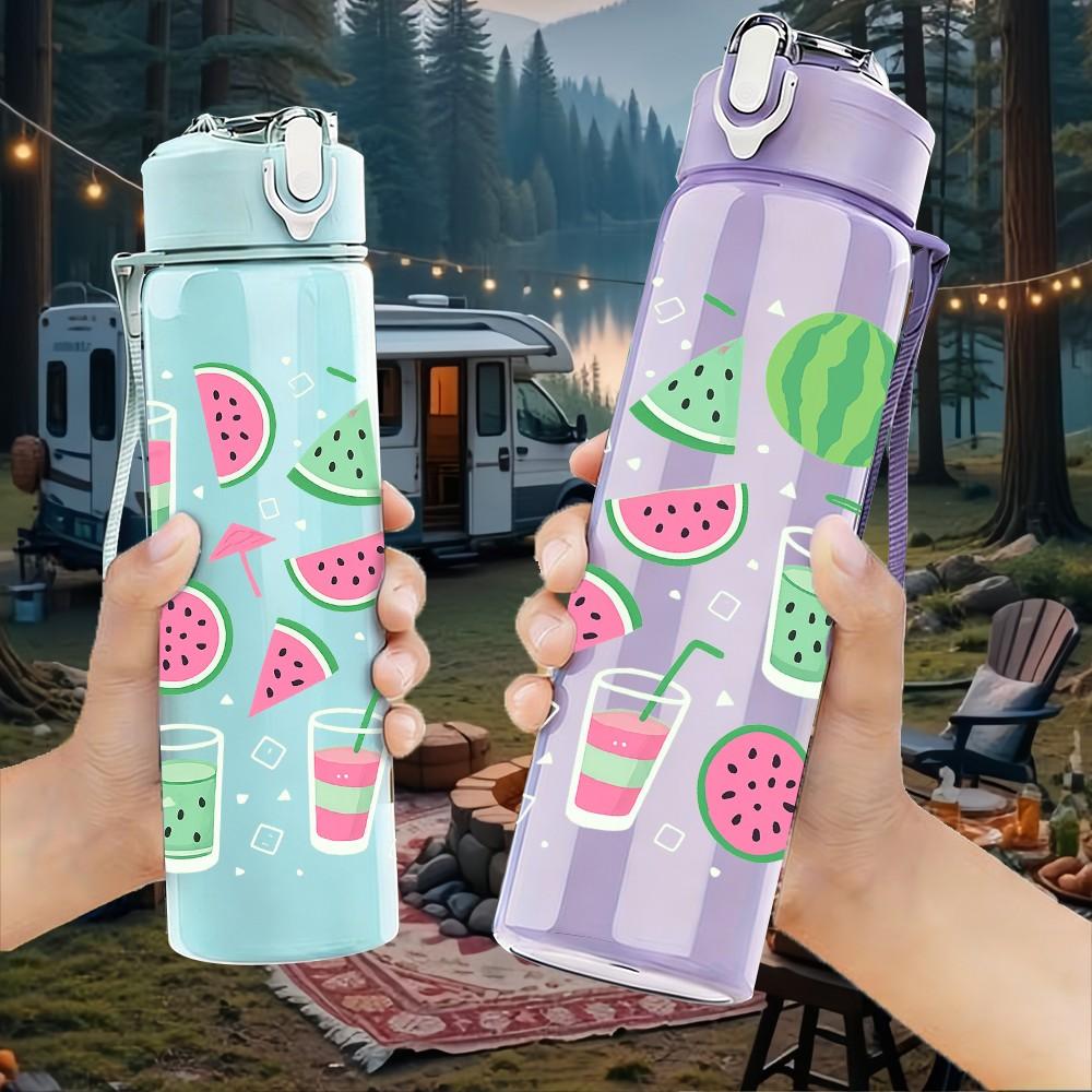 1PC Watermelon Slice Fruit Pattern 750ml Color Plastic Sports Water Bottle Leakproof Flip Straw Lid Suitable for Sports Office Home Use