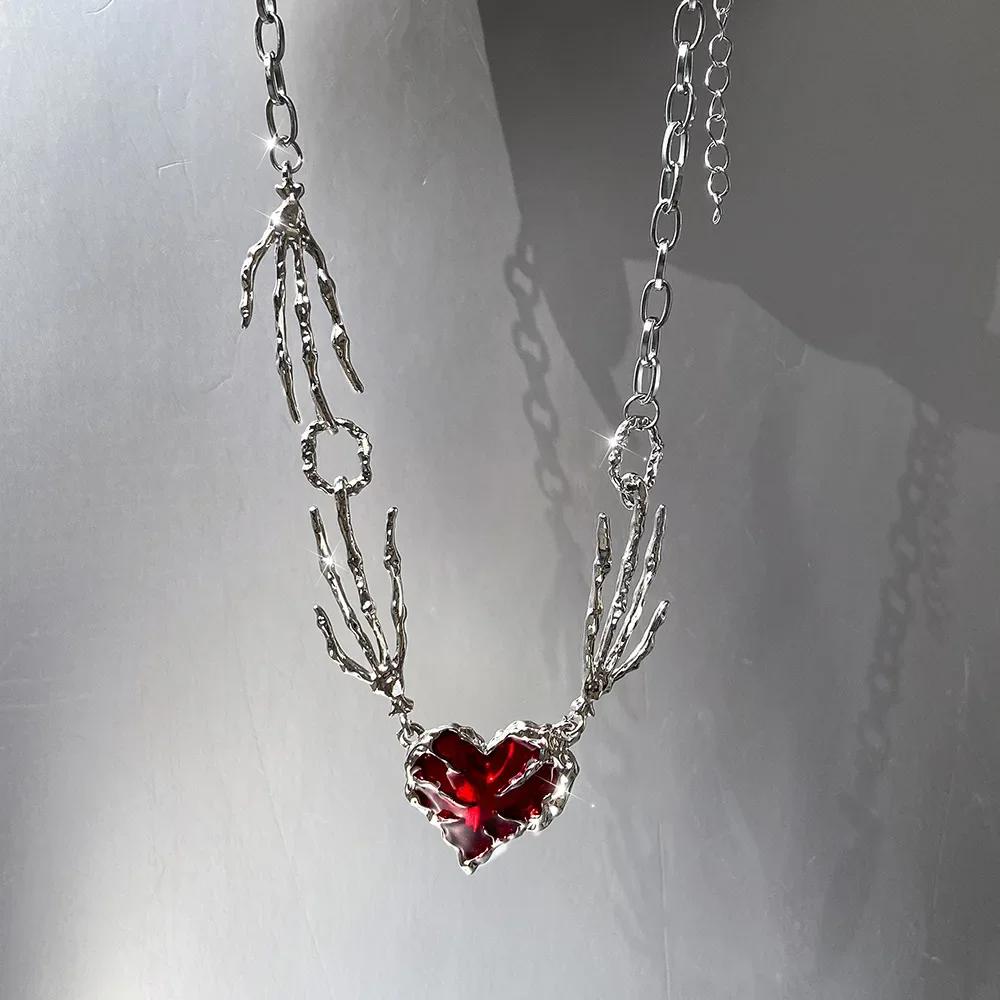 Cross Heart Red Stone Hand Bone Pendants Choker Chain Necklace Ins Punk Goth Charm Korean Men Women Y2K EMO Accessories Jewelry