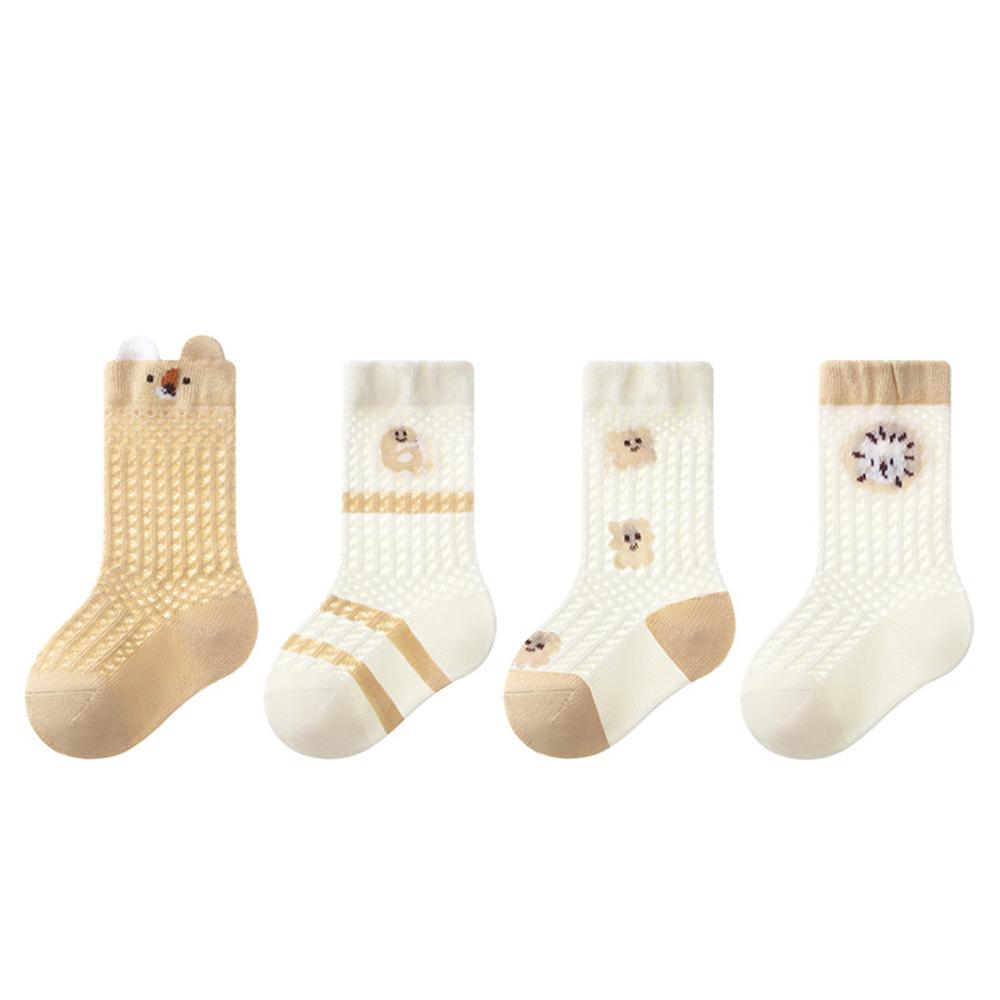 4 Pairs Baby Ultra Thin Mesh Mid Socks Cute Cartoon Animal Embroidery A-Class Soft Elastic Toddler Socks for 0-5 Years Old