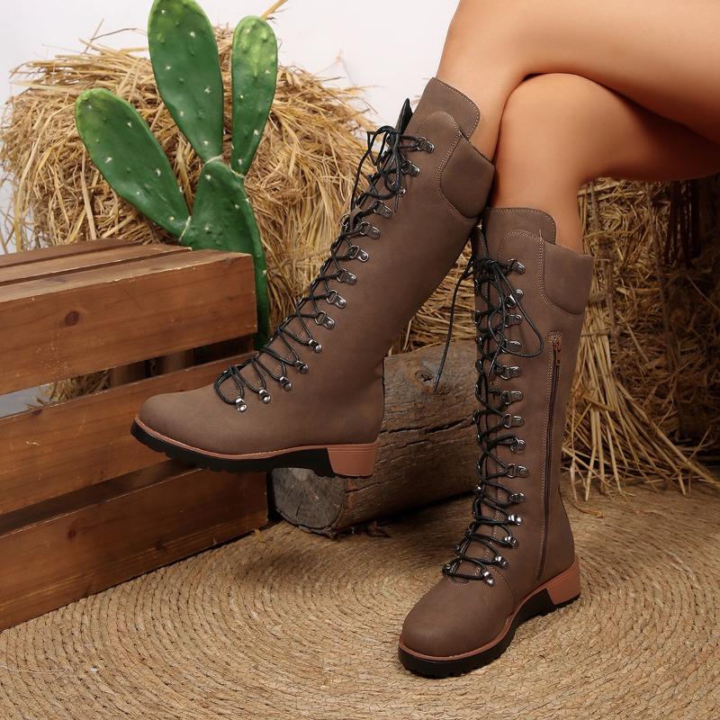 

Lace-Up Front Tall Boots New Round Toe Cow Suede Side Zipper Soft Sole Anti-Slip Wear-Resistant Single Boots 36