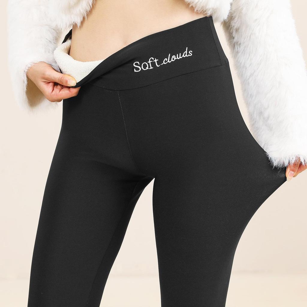 High-Waisted Fleece-Lined Lambswool Leggings for Women - Thick, Elastic, Skinny Cotton Pants for Outdoor Wear
