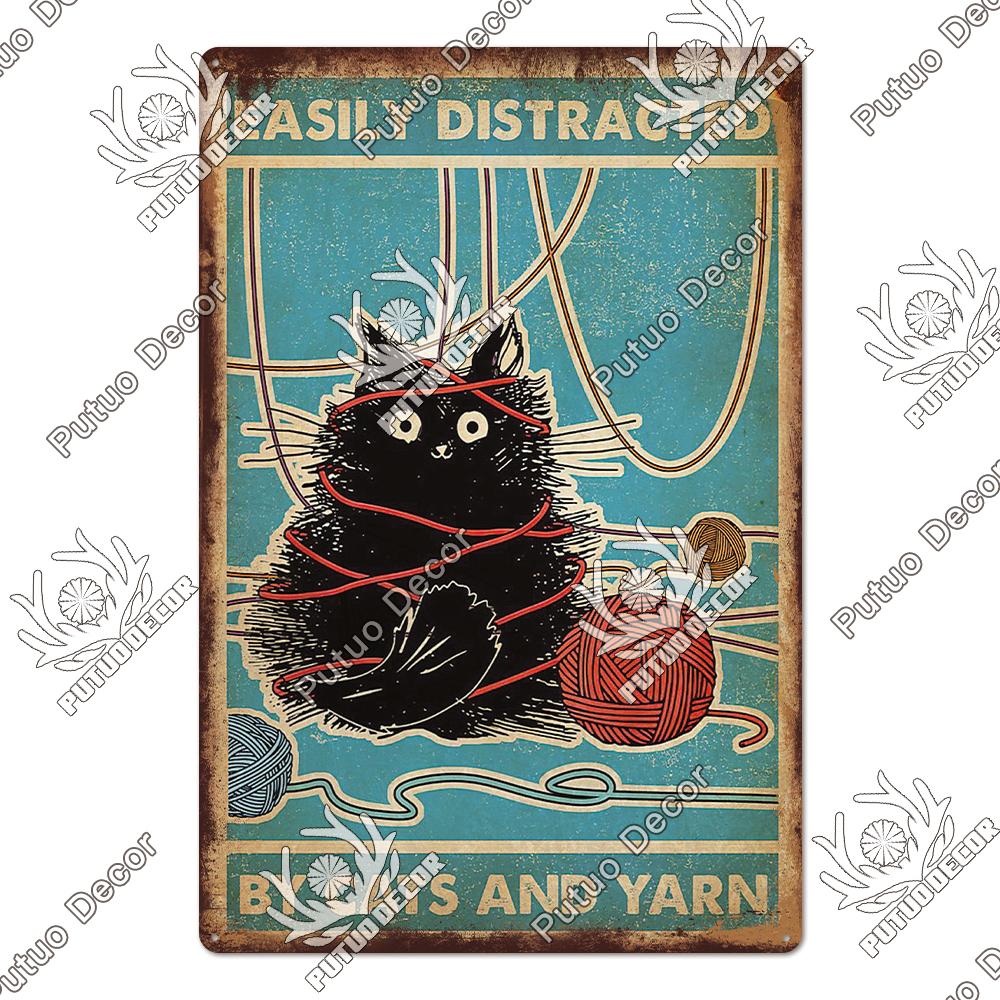 Putuo Decor Black Funny Cat Metal Sign Vintage Plaque Metal Retro Animals Tin Poster for Living Room Home Decoration Wall Decor