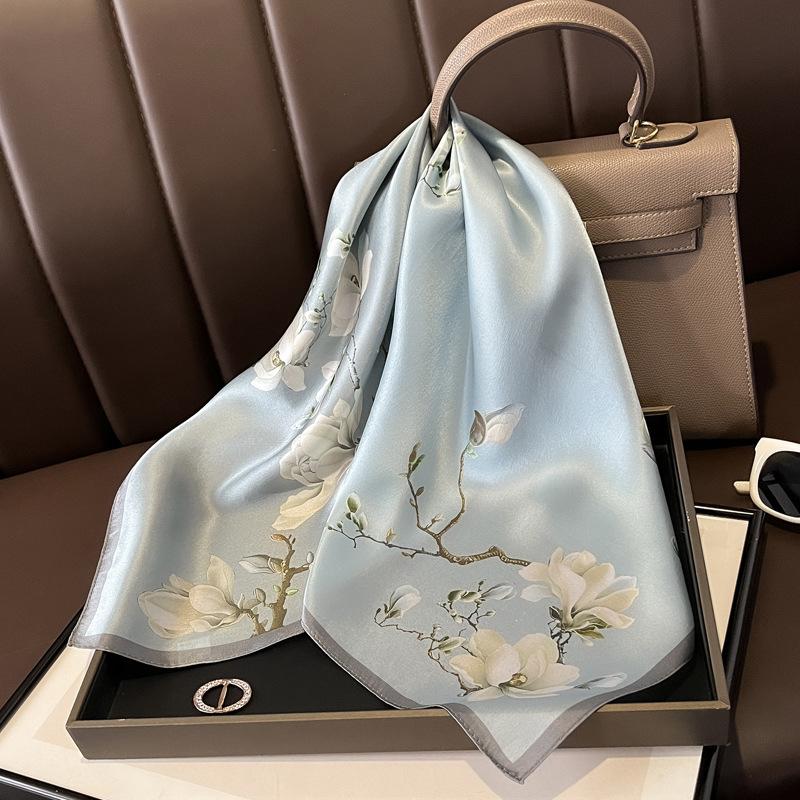 Blue Cherry Blossom Chessboard Mulberry Silk Scarf Female Simulation Silk Scarf Decorative Scarf Mom Shawl 70Cm Square Scarf
