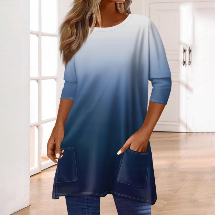 Women 3/4 Sleeve Round Neck T Shirt Casual Print Blouse Pullover Tops with Pocket Mid Length