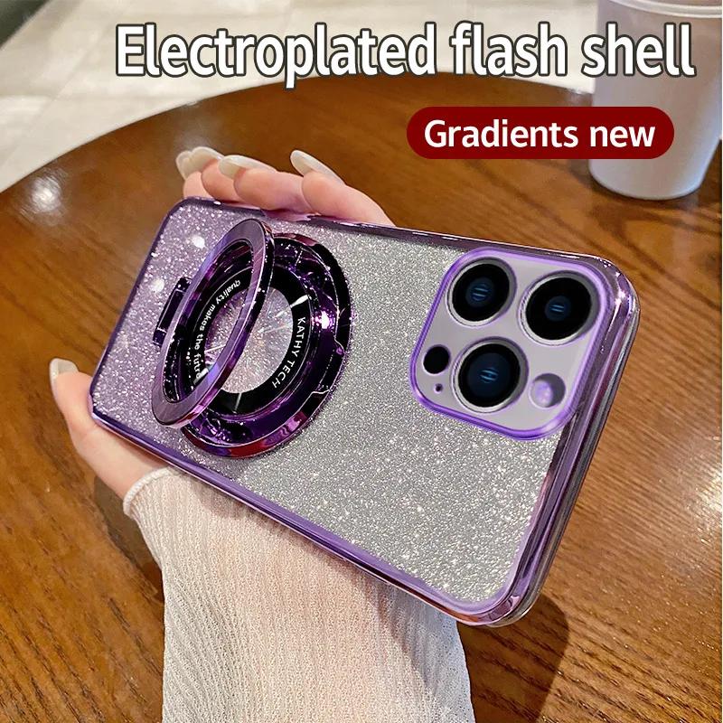 Luxury For Magsafe Wireless Charging Case For iPhone 11 12 13 14 15 Pro Max Plus Glitter Magnetic Ring Bracket Transparent Cover