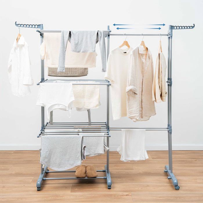 Foldable Expandable Vertical 30-Bar Clothes Drying Rack with Wheels, 3-Tier 6 Foldable Wings Laundry Dryer, 22 M Drying Space